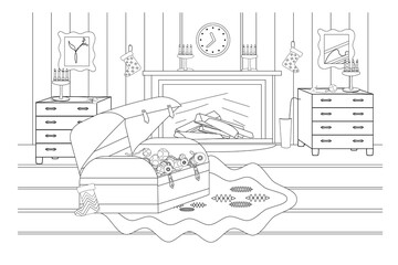 Coloring book for Christmas and New Year. Preparation for decorating the living room with a fireplace and a chest with Christmas toys. For games, greetings, creativity, decoration.