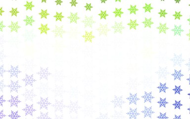 Light Pink, Green vector background with beautiful snowflakes, stars.