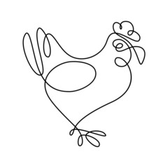 Funny rooster in continuous line art drawing style. Cartoon style cock minimalist black linear design isolated on white background. Vector illustration