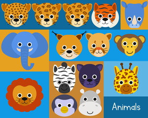 Large set of cute animal faces such as cheetah, leopard, jaguar, lynx, tiger, lion, elephant, hippopotamus, rhino, giraffe, puma, panther, zebra, penguin and monkey.