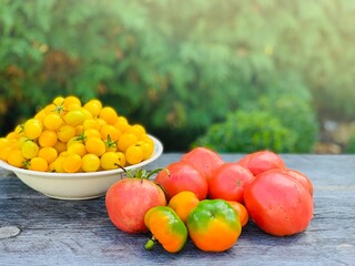 Organic red and yellow tomatoes food backgrounds.