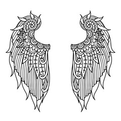 Fototapeta premium Mandala angel wings for design element, engraving, paper cutting, printing or coloring book. Vector illustration.