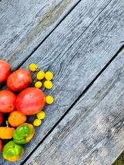 Multi-colored ripe tomatoes on a wooden background. Background. Vegetarian concept. Place for your text.