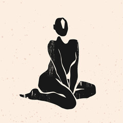 Abstract black female silhouette. Graceful faceless lady. Attractive woman body. Contemporary modern style. Hand drawn trendy Vector illustration. Beauty, boho concept. Poster, Print, card template
