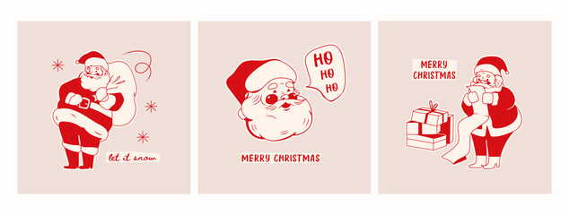 Cheerful Santa Claus with gift bag, long list and Present box. Christmas, New year concept. Retro, vintage style. Set of three square Cards. Hand drawn trendy Vector isolated illustrations