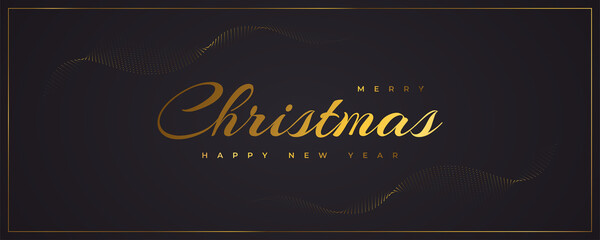 Merry Christmas and Happy New Year Banner or Poster. Elegant Christmas Greeting card in Black and Gold