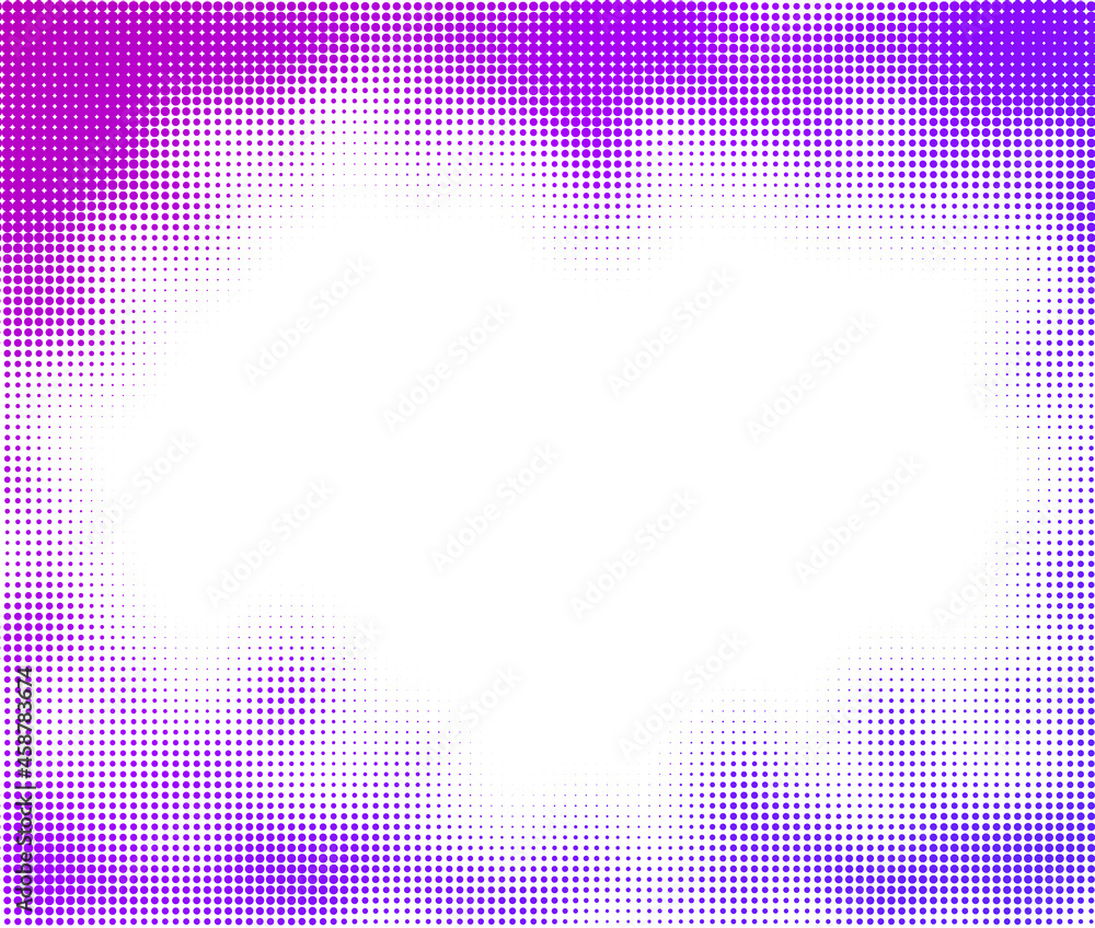 Poster violet halftone dotted border on white background..