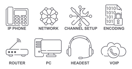 Icons with gadgets and communication transmission devices. Sticker with router, phone, computer, network in line art style. Editable stroke. Cartoon flat vector collection isolated on white background