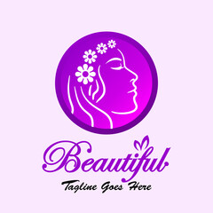 Vector logos for companies, businesses, beauty, salons, fashion and others. Vector creative logo template. face and flower illustration in purple circle