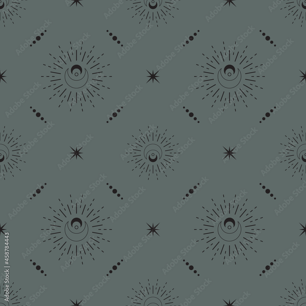 Wall mural vector seamless mystical pattern with magical shining moons and stars. linear esoteric boho backgrou