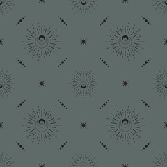 Vector seamless mystical pattern with magical shining moons and stars. Linear esoteric boho background with outline crescents for wrapping paper, packaging, fabric and wallpaper