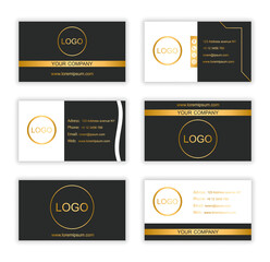 Set of elegant business cards. Luxury templates with logo, contact details and gold lines. Posters to promote company. Layout for two sides. Modern flat vector collection isolated on white background
