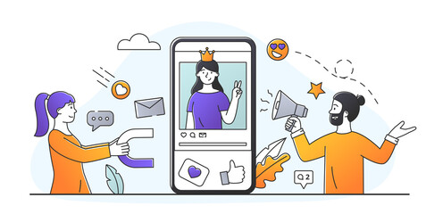 Business promotion in social networks. Team of targetologists working on company brand and attracting new customers. Man with megaphone. Cartoon flat vector illustration isolated on white background