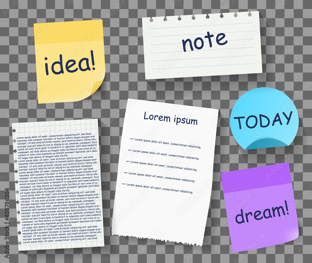 Poster collection of stickers and reminder sheets. realistic icons with forms for recording important messa