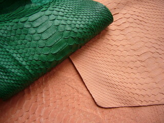 The python skin is pink and green. Natural exotic leather texture.