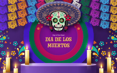 Day of the dead, Dia de los muertos 3d podium round, square stage with paper cut art elements craft style on background..