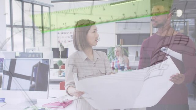 Animation of plans and schema over diverse business people holding document