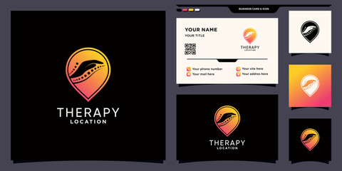 Creative therapy location logo with pin point negative space concept and business card design Premium Vector