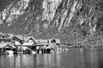 Beautiful classic landscape view of Hallstatt town on a beautiful summer day, Austria