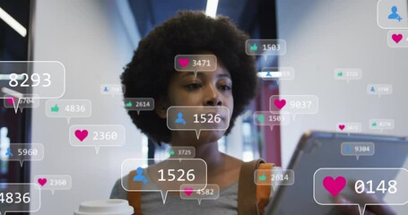 Animation of media icons over african american businesswoman drinking coffee and smiling - Powered by Adobe