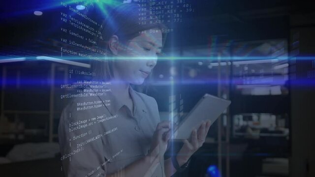 Animation of data processing over asian businesswoman using tablet