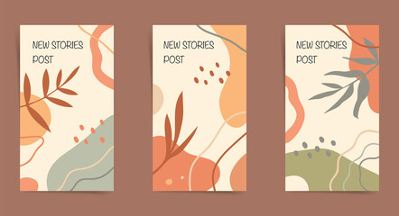 Social media stories banners design set for smartphone posting. Autumn design for new stories. Floral Backgrounds design with geometric shapes, leaves and lines in orange, brown and beige colors. 