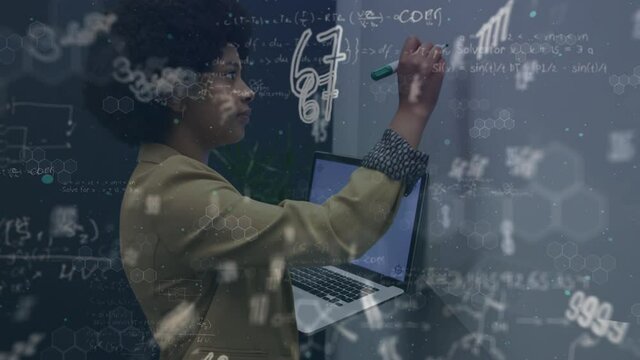 Animation of mathematical equations over african american businesswoman taking notes