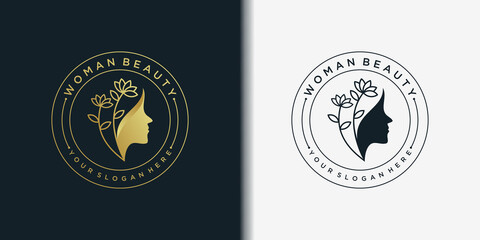 Modern woman beauty logo with creative emblem line art style and business card for beauty salon Premium Vector