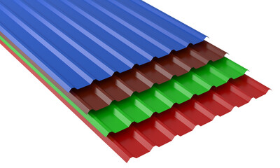 3d illustration of four deferent colors metal corrugated roof sheets stack on a white background.