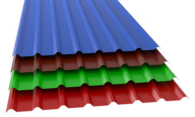 3d illustration of four deferent colors metal corrugated roof sheets stack on a white background.