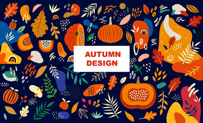 Fototapeta na wymiar Bright autumn design with pumpkins, leaves and abstract shapes. 