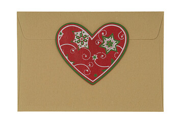 Envelop with Christmas heart decoration isolated on white