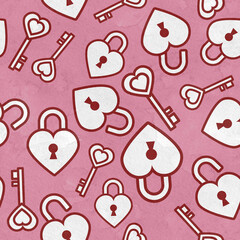 Seamless pattern, hearts, lock and key. Scrapbooking Elements for cards, prints, stickers, wallpaper, fabric, textile, gift paper. Love, wedding and Valentine's day.