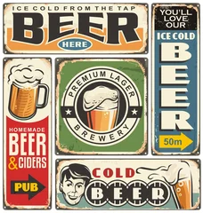  Retro beer and cafe bar signs collection. Alcohol drinks set of vintage advertisements. Beer promo poster vector templates. © lukeruk