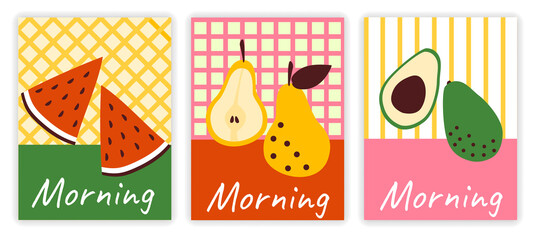 Breakfast Poster set. Colorful art with geometric shapes, fruits and lettering. Design element for decorating walls in cafe. Good morning. Cartoon flat vector collection isolated on white background