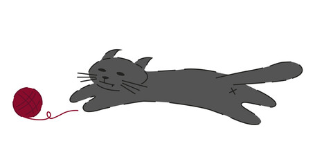 The cat plays with a ball. A ball of thread. Gray cat runs for a clew sticker. Simple vector illustration.