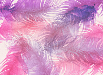 Pióra, tekstura w kolorze różu i fioletu. Grafika cyfrowa do druku na tkaninę, ozdobny papier, tło. - obrazy, fototapety, plakaty