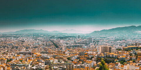 Urban panorama, aerial view, cityscape of Marseille, France. Sunny summer day with bright blue sky
