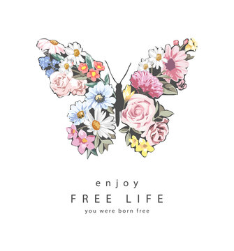free life slogan with colorful wild flowers in butterfly shape vector illustration