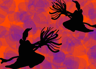 Halloween and Autumn Themed Black Witches background on their Broom opposite Orange and Purple wallpaper design abstract 