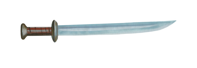 Sword painted with acrylic paint on paper, isolated on a white background. Medieval cold weapon.