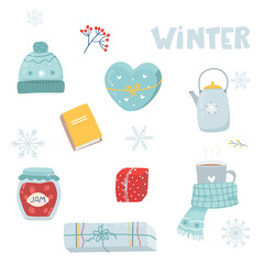 Winter. Cozy winter clothes. A set of winter cute things. Isolated vector illustration. Teapot, jam, book scarf cup, gifts vector on white flat cartoon