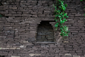 climbing plants over brown stonework with a niche. Plants on a stone wall. Stone background. - obrazy, fototapety, plakaty
