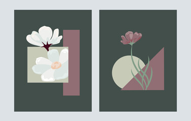 Collection of abstract flower posters. Minimalistic art with geometric shapes and blooming plants. Design elements for covers and wall decorations. Cartoon flat vector set isolated on gray background