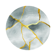 Golden kintsugi design round background. Dye splash style. Abstract elegant pattern. Acrylic fluid art. Line art.