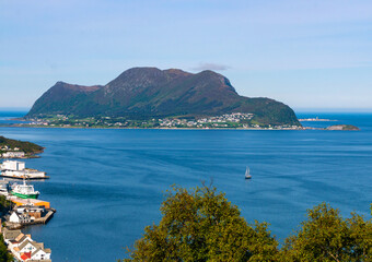 Ålesund in summer, view of the city from the observation deck on Mount Axla