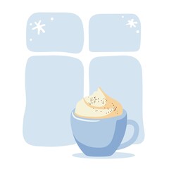 Festive Christmas mood. Cup with creamy hot drink on window. Cappuccino or hot chocolate at frosty window. Congratulatory New Year and Christmas card, congratulations, invitations, monogram. Flat.