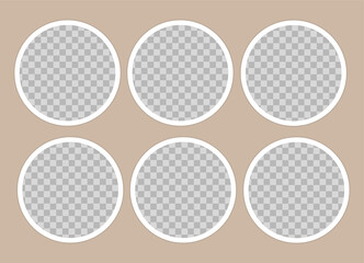 Set of  transparent round photo frames. Blank template on a beige background. Mockup. Vector collage for modern design. 6 empty photo cards. EPS10.