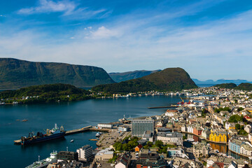 Ålesund in summer, view of the city from the observation deck on Mount Axla