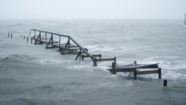 Category 1 Hurricane Hanna Tears Apart A Dock During Landfall in Southern Texas On July 26, 2020